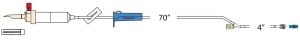 The A410 illustration includes a 20d vented chamber, 15 micron fluid filter, roller clamp, Y-injection site, spin-lock. Approx. Priming Volume 18 mL, Approx. Length 72”.