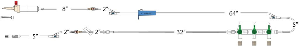 20d vented chamber, (2) CODAN Check Valves, (3) needle-free Y-sites, roller clamp, detachable 3-gang four-way high flow stopcocks on a manifold plate, detachable 9” pigtail with slide clamp, spin-lock. Material: Not made with DEHP or natural latex rubber.