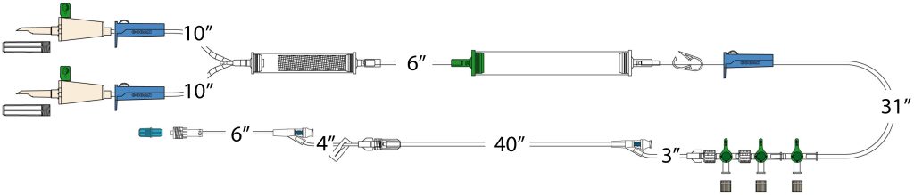 The A803-W illustration has (2) vented spikes, (3) roller clamps, large volume elongated 170 micron filter chamber, cylinder hand pump, pinch clamp, 2-gang 4-way high flow stopcock manifold, detachable 4-way high flow stopcock, detachable 10” pigtail with needle-free Y-site, and spin-lock.