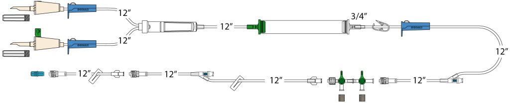 Non-vented spike, vented spike, (3) roller clamps, 200 micron filter chamber, cylinder hand pump, pinch clamp, (2) needle-free Y-sites, detachable 2-gang four-way high flow stopcocks, (2) slide clamps, detachable 6” pigtail with spin-lock