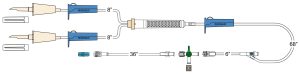(2) non-vented spikes, (3) roller clamps, 200 micron filter chamber, injectable Y-site, 36” detachable four-way high flow stopcock extension with spin-lock