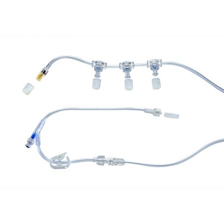 Walrus Extension Set, check valve, 3-gang pressure-activated valves, detachable 10” pigtail with pinch clamp, needle-free Y-site, male luer-lock