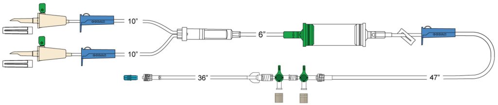 Walrus Blood Administration Set drawing includes (2) vented spikes, (3) roller clamps, 200 micron filter chamber, cylinder hand pump, slide clamp, detachable 2-gang four-way high flow stopcocks, Male Luer-Lock.