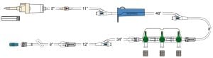 W21182-W anesthesia set has a 10d vented chamber, CODAN Check Valve, (3) needle-free Y-sites, roller clamp, detachable 3-gang four-way high flow stopcocks on a manifold plate, detachable 6” pigtail with slide clamp, spin-lock.