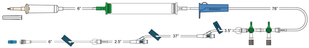This illustration has a 10d non-vented chamber, cylinder hand pump, roller clamp, detachable 2-gang 4-way high flow stopcocks, (3) slide clamps, (2) needle-free Y-sites, detachable 6” pigtail with spin-lock. Anesthesia and blood transfusions