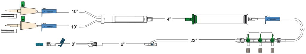 The W22347 has (2) vented spikes, (3) roller clamps, 200 micron filter chamber, cylinder hand pump, detachable 3-gang four-way high flow stopcocks on a manifold plate, needle-free Y-site, detachable 8” pigtail with spin-lock