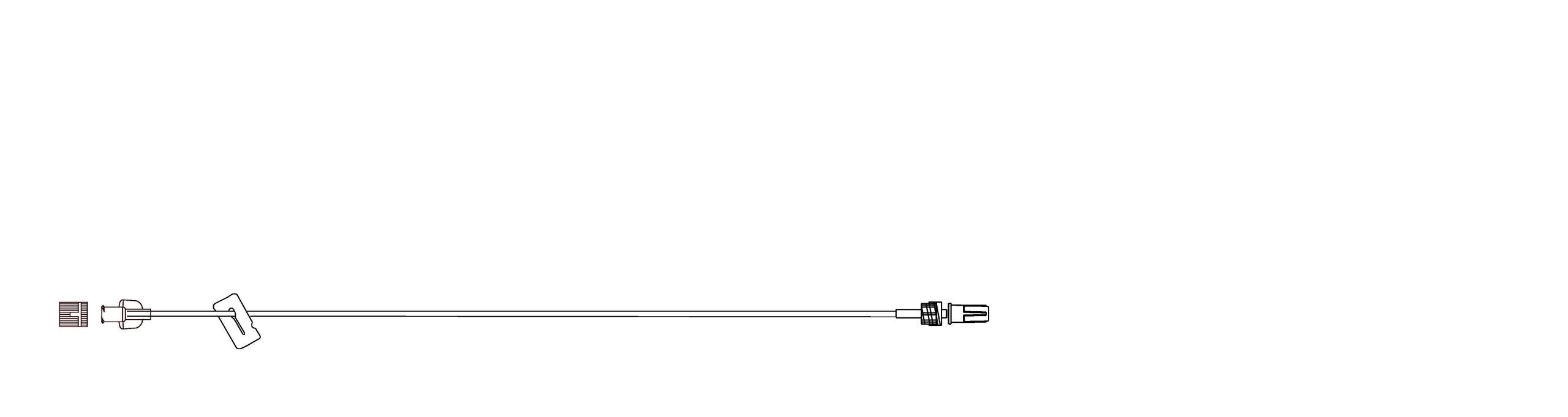 Diagram of PICC line mini bore extension set showing female and male luer-lock connectors and slide clamp for secure IV access and flow control.