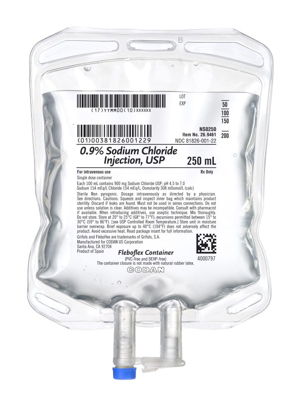 Fleboflex® 0.9% Sodium Chloride Injection, USP, 250 mL flexible container. Free of PVC, plasticizers, adhesives, and latex.