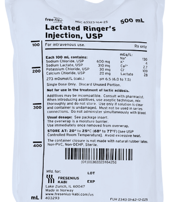 500 mL Lactated Ringer’s Injection is indicated as a source of water and electrolytes or as an alkalinizing agent.